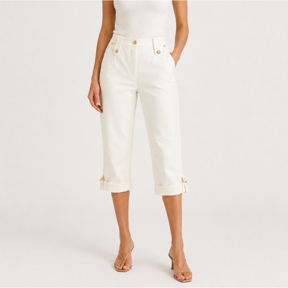 Vintage St John Sport Women Crop Pants Sz 2 Straight Leg Buckles White Old Money
